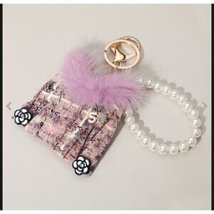 Purple/ Pink  Tweed Jacket with Fuzzy Detail and Pearl Charm Bag Charm/Keychain